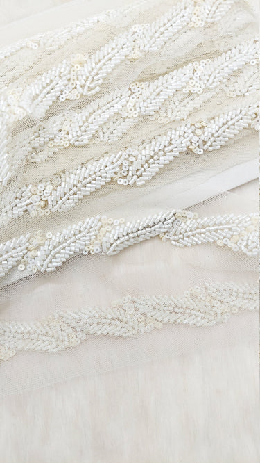 White Net Bridal Trim In White Beaded Leaf Embroidery, Hand Embroidered Bead Lace, Floral Embroidered Trim